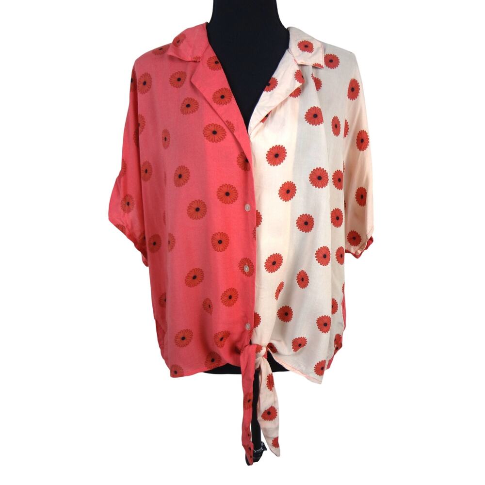 Vintage Y2K Cato Coral Pink Colorblock Tie Front Top Boho Floral Boxy Flowy XL